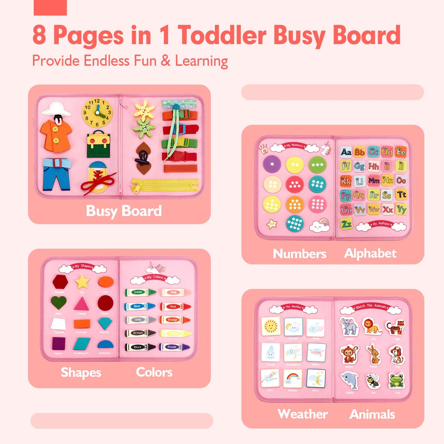 Montessori Busy Board/Quiet Book, 8 Pages – Unicorn