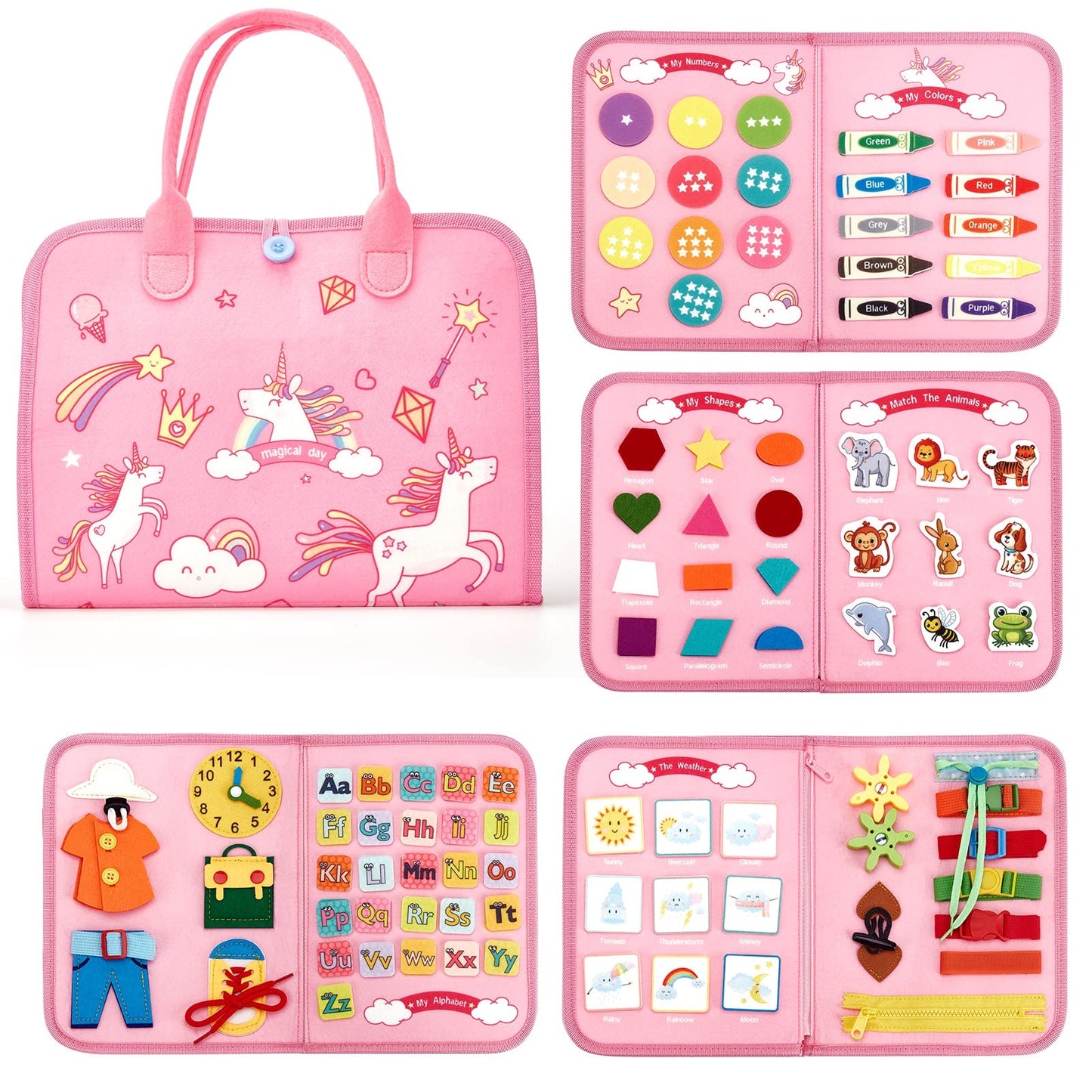 Montessori Busy Board/Quiet Book, 8 Pages – Unicorn
