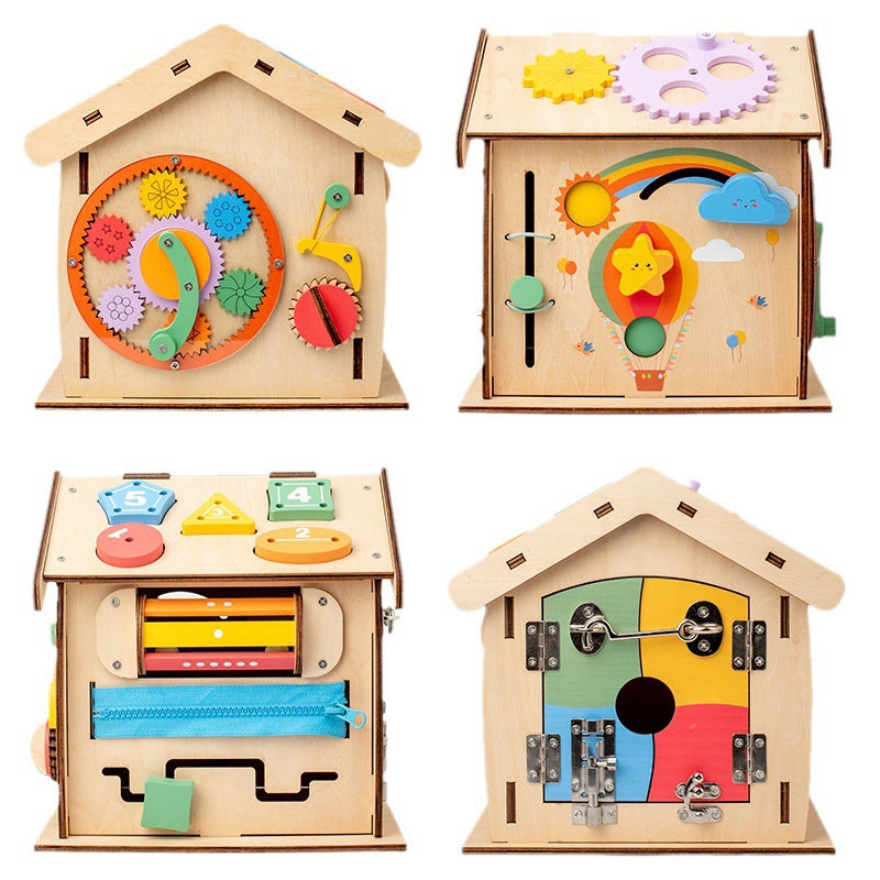Montessori Busy House aus Holz mit Schlössern, Zahnrädern und Motorikspielen für Kinder ab 3 Jahren