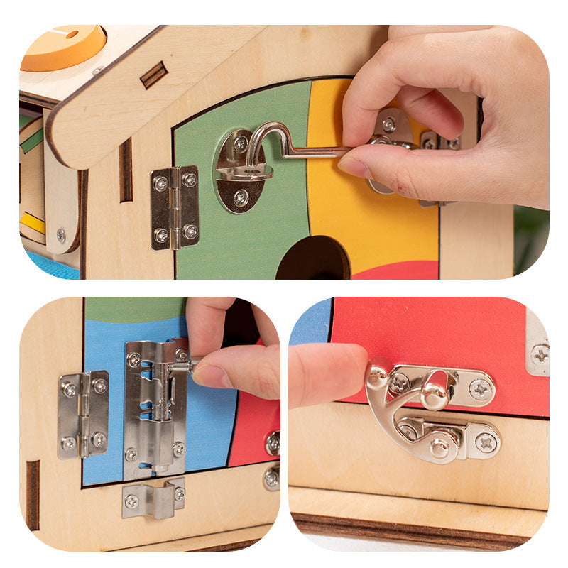 Montessori Busy House aus Holz mit Schlössern, Zahnrädern und Motorikspielen für Kinder ab 3 Jahren