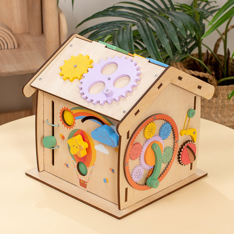 Montessori Busy House aus Holz mit Schlössern, Zahnrädern und Motorikspielen für Kinder ab 3 Jahren