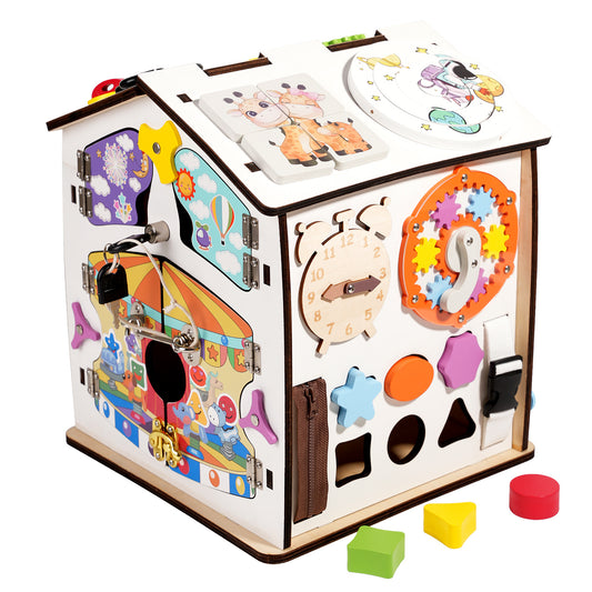 Montessori Busy House XXL Holz – Motorikspielzeug Haus mit Schlössern, Zahnrädern und Lernspielen für Kinder