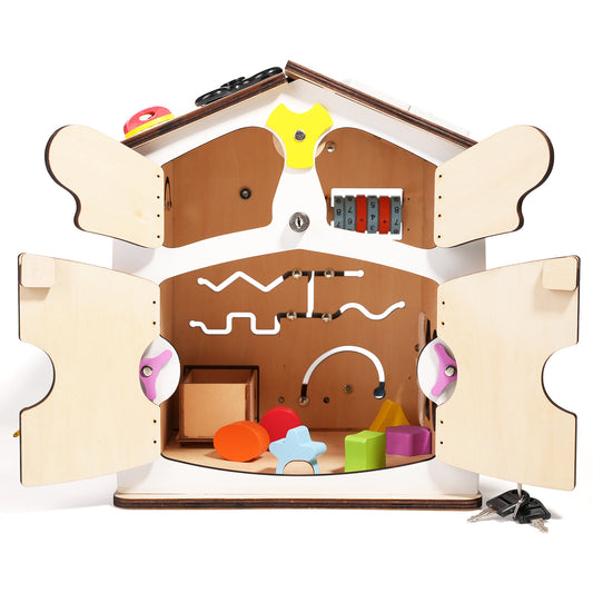 Montessori Busy House XXL Holz – Motorikspielzeug Haus mit Schlössern, Zahnrädern und Lernspielen für Kinder