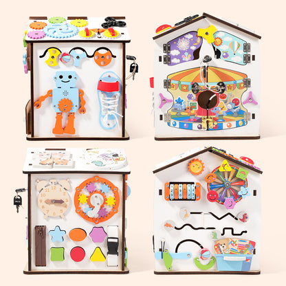 Montessori Busy House XXL Holz – Motorikspielzeug Haus mit Schlössern, Zahnrädern und Lernspielen für Kinder