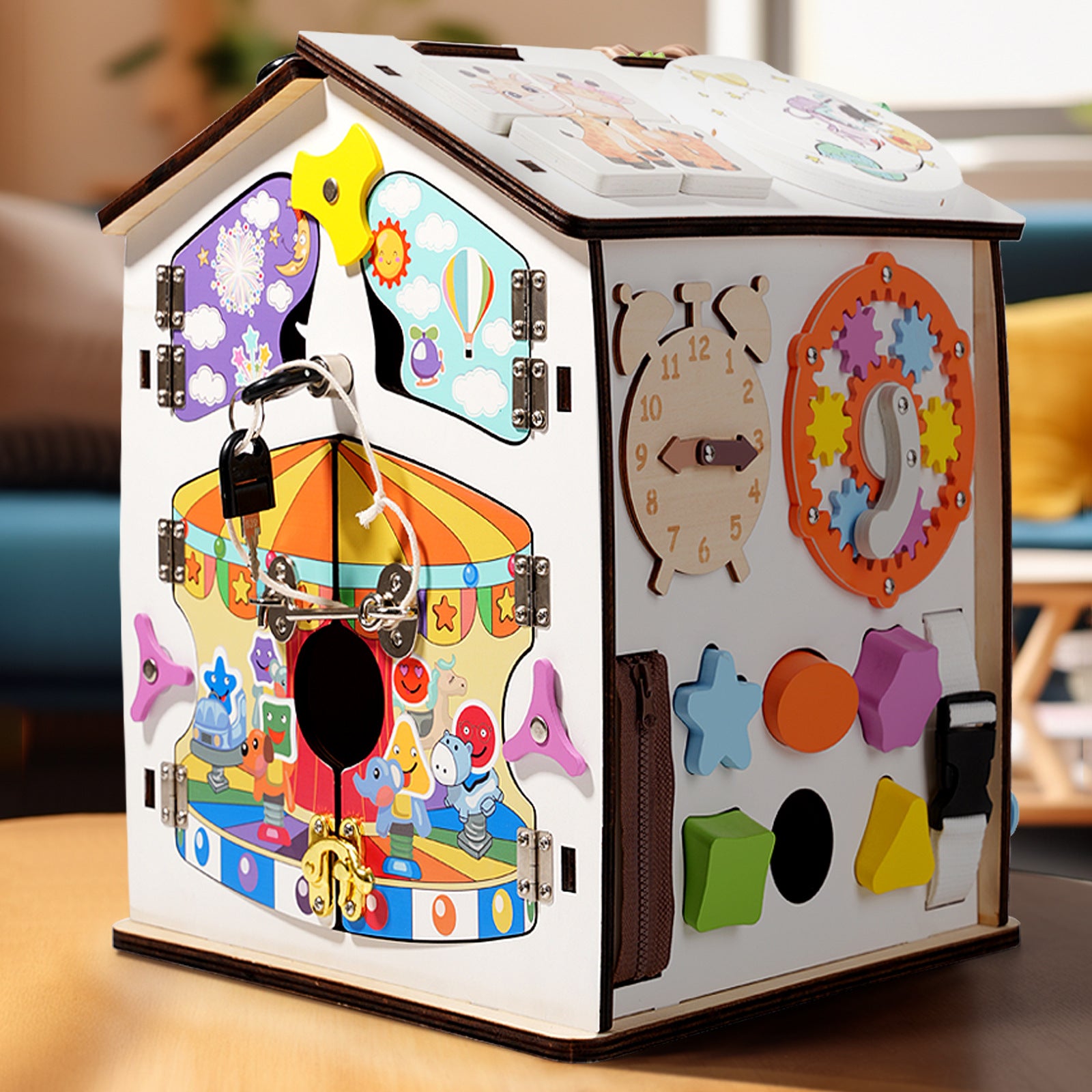 Montessori Busy House XXL Holz – Motorikspielzeug Haus mit Schlössern, Zahnrädern und Lernspielen für Kinder