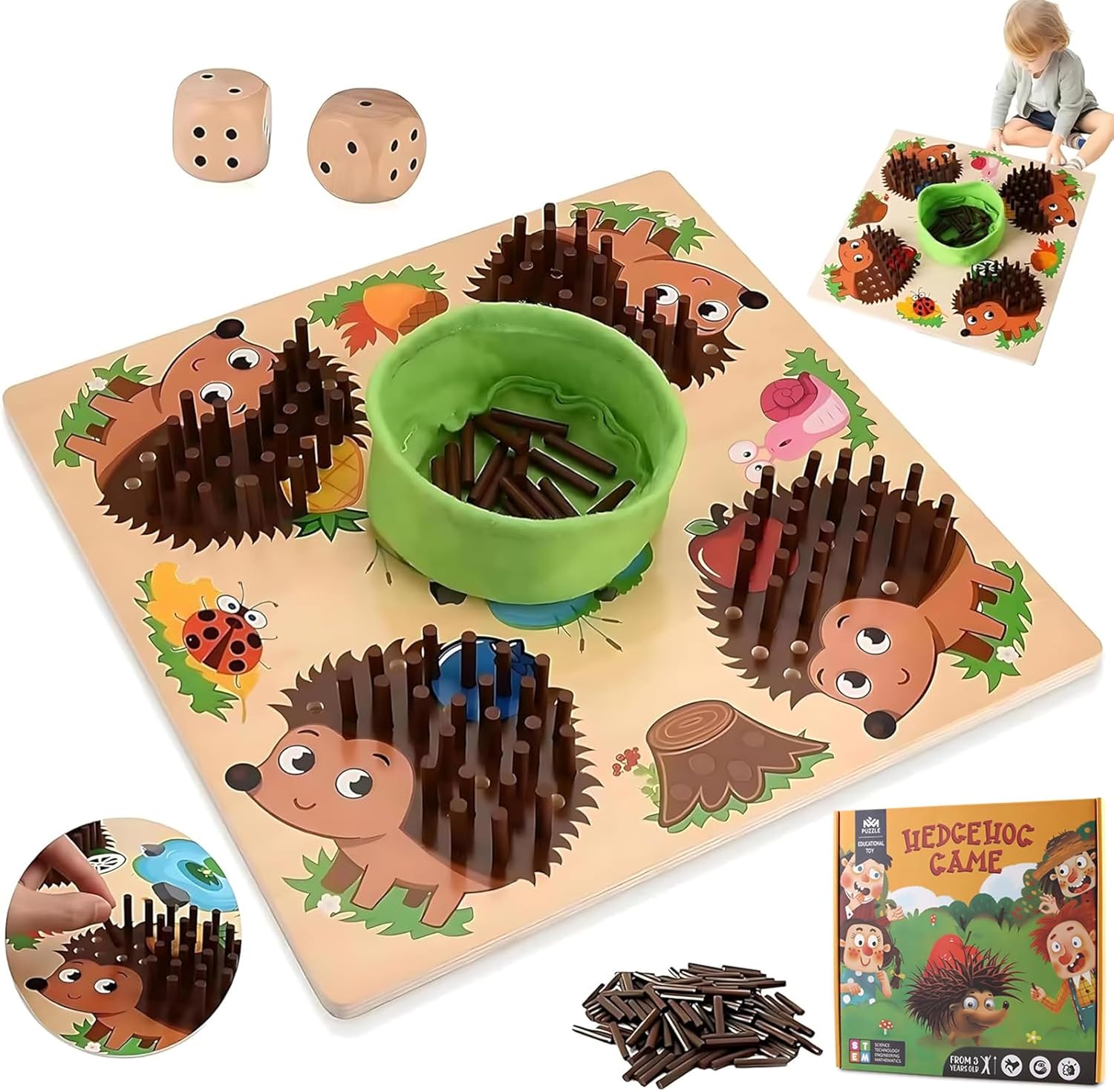 Montessori Igel Spiel Holz Kinder Steckspiel Motorikspielzeug Lernspiel mit Würfel