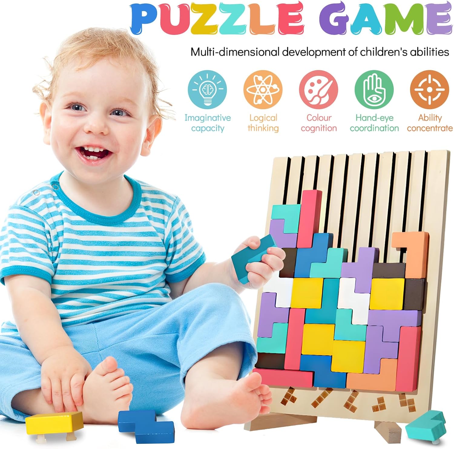 MontessoriLernwelt Montessori Tetris Holzpuzzle Lernspielzeug ab 3 Jahren
