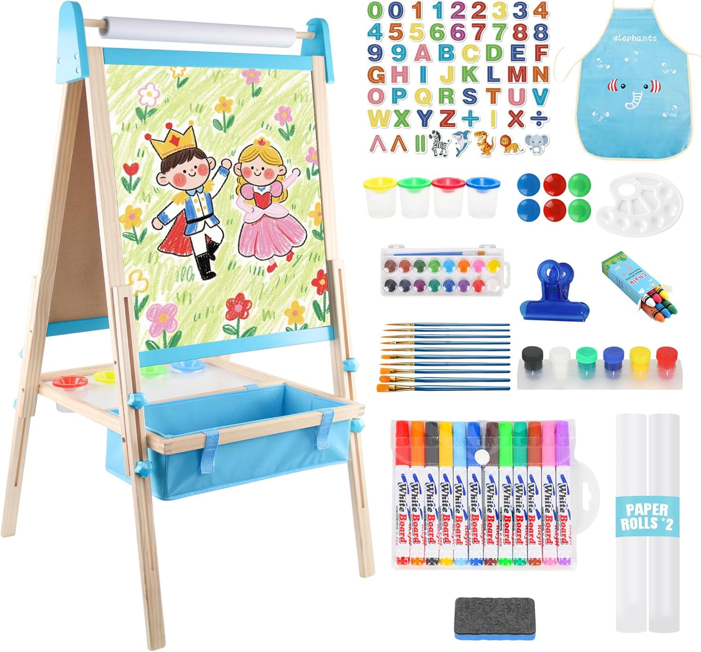 Montessori Kinderstaffelei aus Holz mit höhenverstellbarer 2-in-1 Kreidetafel und magnetischem Whiteboard inklusive Zubehör und Aufbewahrungsbox für Kinder ab 3 Jahren