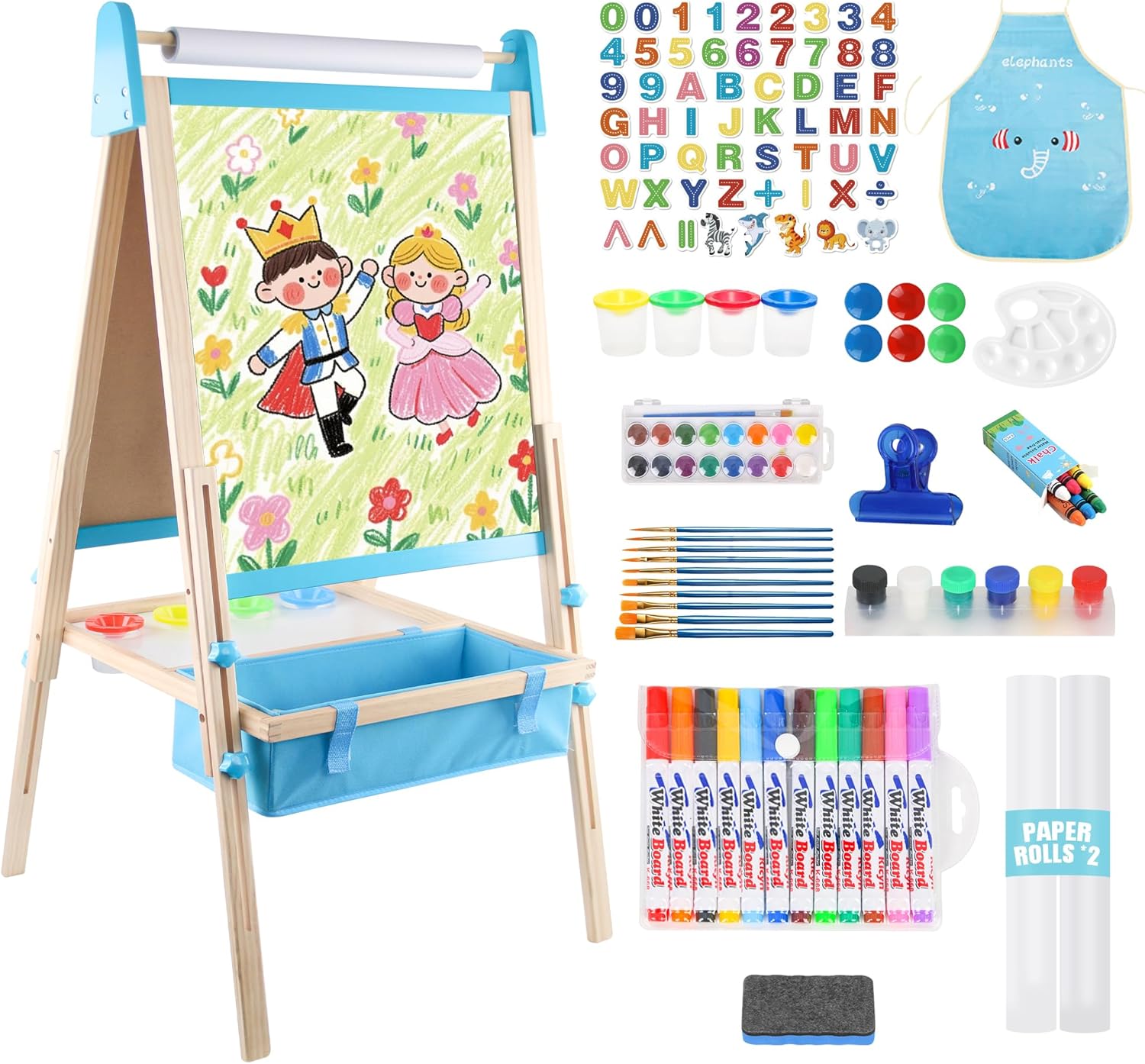 Montessori Kinderstaffelei aus Holz mit höhenverstellbarer 2-in-1 Kreidetafel und magnetischem Whiteboard inklusive Zubehör und Aufbewahrungsbox für Kinder ab 3 Jahren