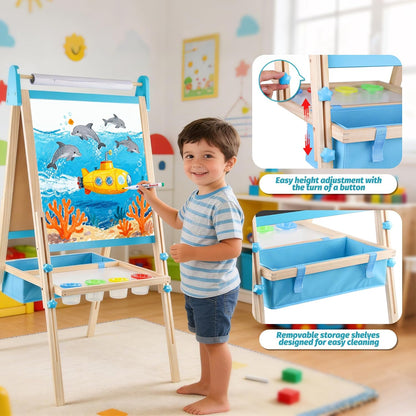 Montessori Kinderstaffelei aus Holz mit höhenverstellbarer 2-in-1 Kreidetafel und magnetischem Whiteboard inklusive Zubehör und Aufbewahrungsbox für Kinder ab 3 Jahren
