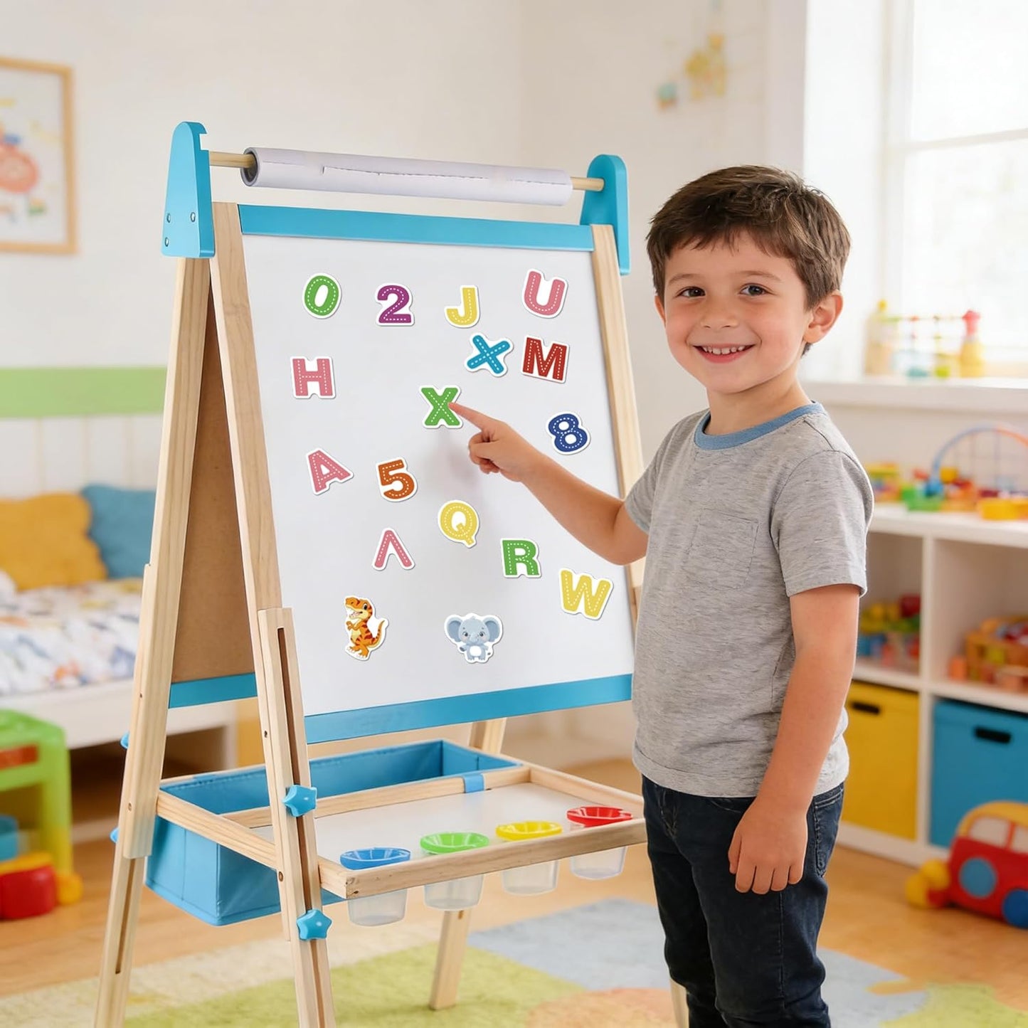 Montessori Kinderstaffelei aus Holz mit höhenverstellbarer 2-in-1 Kreidetafel und magnetischem Whiteboard inklusive Zubehör und Aufbewahrungsbox für Kinder ab 3 Jahren