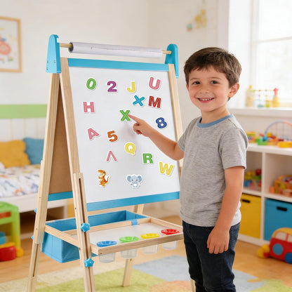 Montessori Kinderstaffelei aus Holz mit höhenverstellbarer 2-in-1 Kreidetafel und magnetischem Whiteboard inklusive Zubehör und Aufbewahrungsbox für Kinder ab 3 Jahren