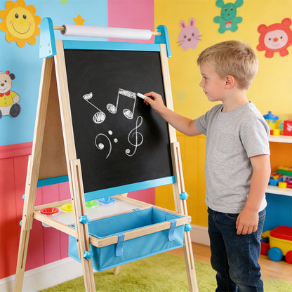 Montessori Kinderstaffelei aus Holz mit höhenverstellbarer 2-in-1 Kreidetafel und magnetischem Whiteboard inklusive Zubehör und Aufbewahrungsbox für Kinder ab 3 Jahren