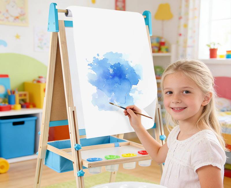 Montessori Kinderstaffelei aus Holz mit höhenverstellbarer 2-in-1 Kreidetafel und magnetischem Whiteboard inklusive Zubehör und Aufbewahrungsbox für Kinder ab 3 Jahren