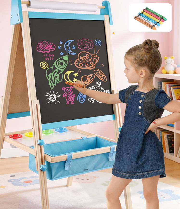 Montessori Kinderstaffelei aus Holz mit höhenverstellbarer 2-in-1 Kreidetafel und magnetischem Whiteboard inklusive Zubehör und Aufbewahrungsbox für Kinder ab 3 Jahren