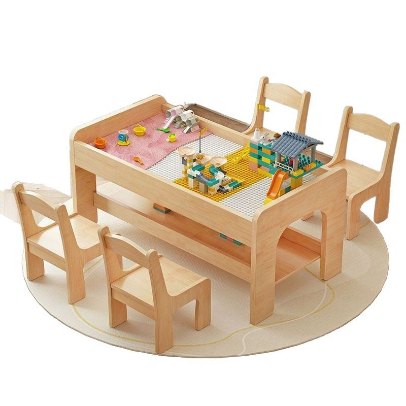 Montessori Kinder Spieltisch Holz mit Stauraum und Stühlen Bauplatte Lego kompatibel