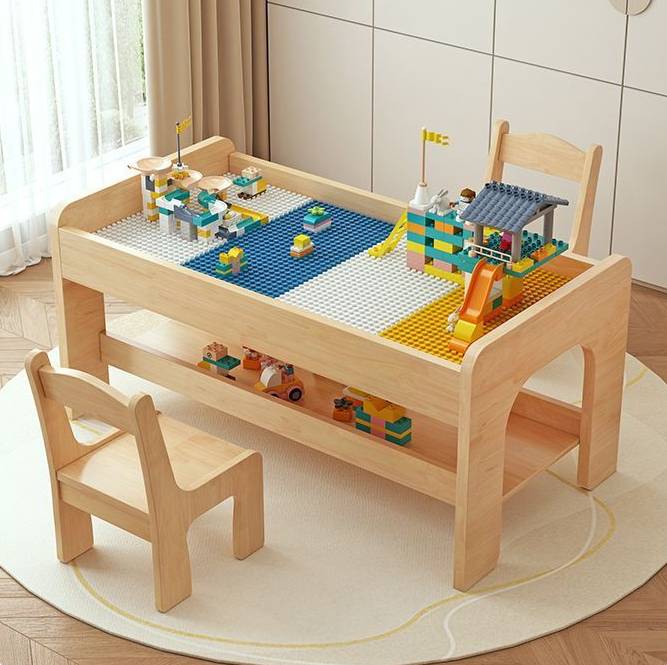 Montessori Kinder Spieltisch Holz mit Stauraum und Stühlen Bauplatte Lego kompatibel