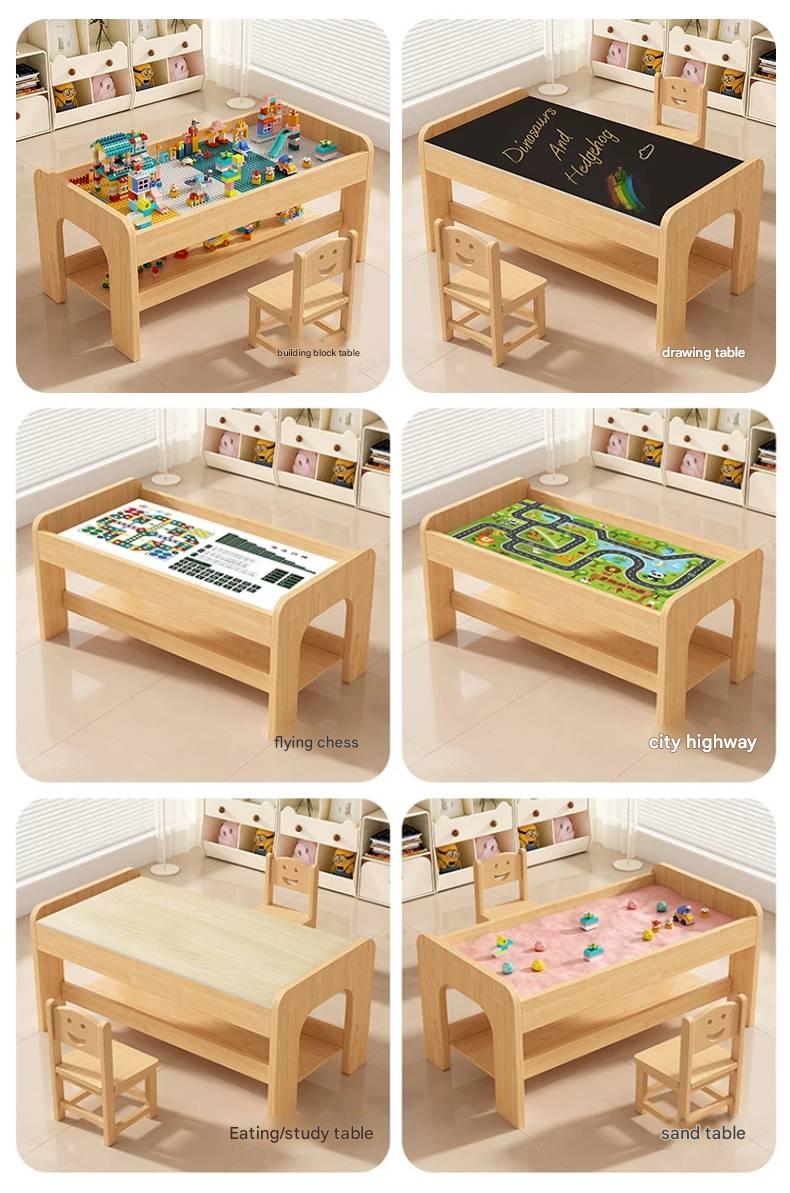 Montessori Kinder Spieltisch Holz mit Stauraum und Stühlen Bauplatte Lego kompatibel
