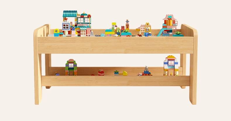 Montessori Kinder Spieltisch Holz mit Stauraum und Stühlen Bauplatte Lego kompatibel