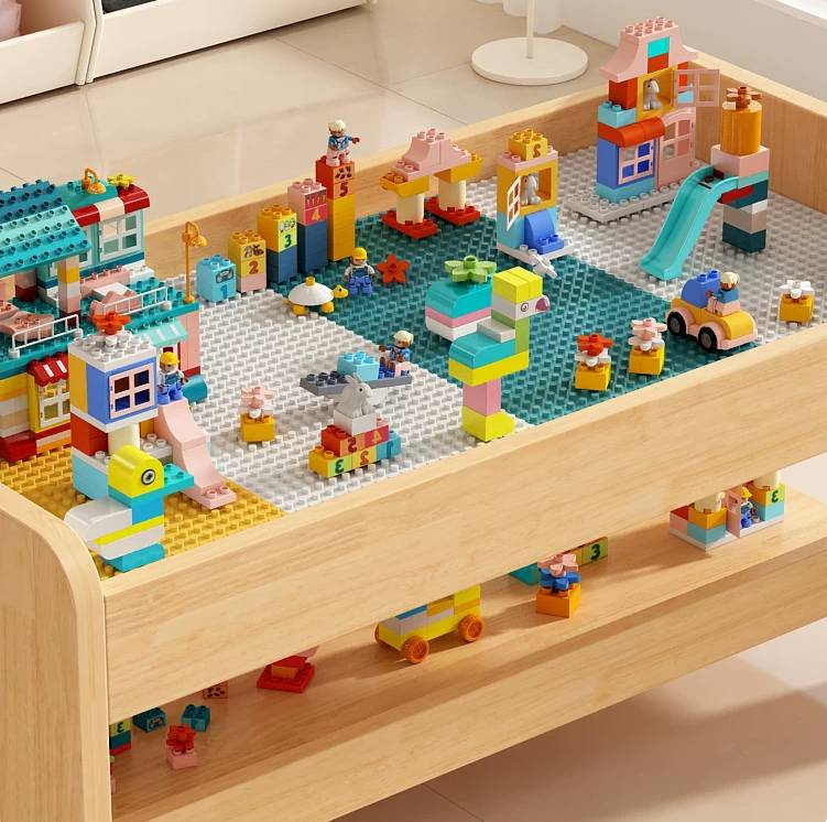 Montessori Kinder Spieltisch Holz mit Stauraum und Stühlen Bauplatte Lego kompatibel