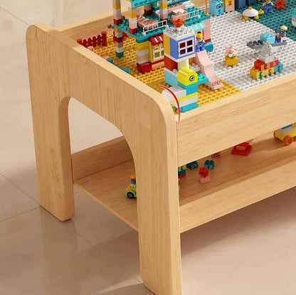 Montessori Kinder Spieltisch Holz mit Stauraum und Stühlen Bauplatte Lego kompatibel