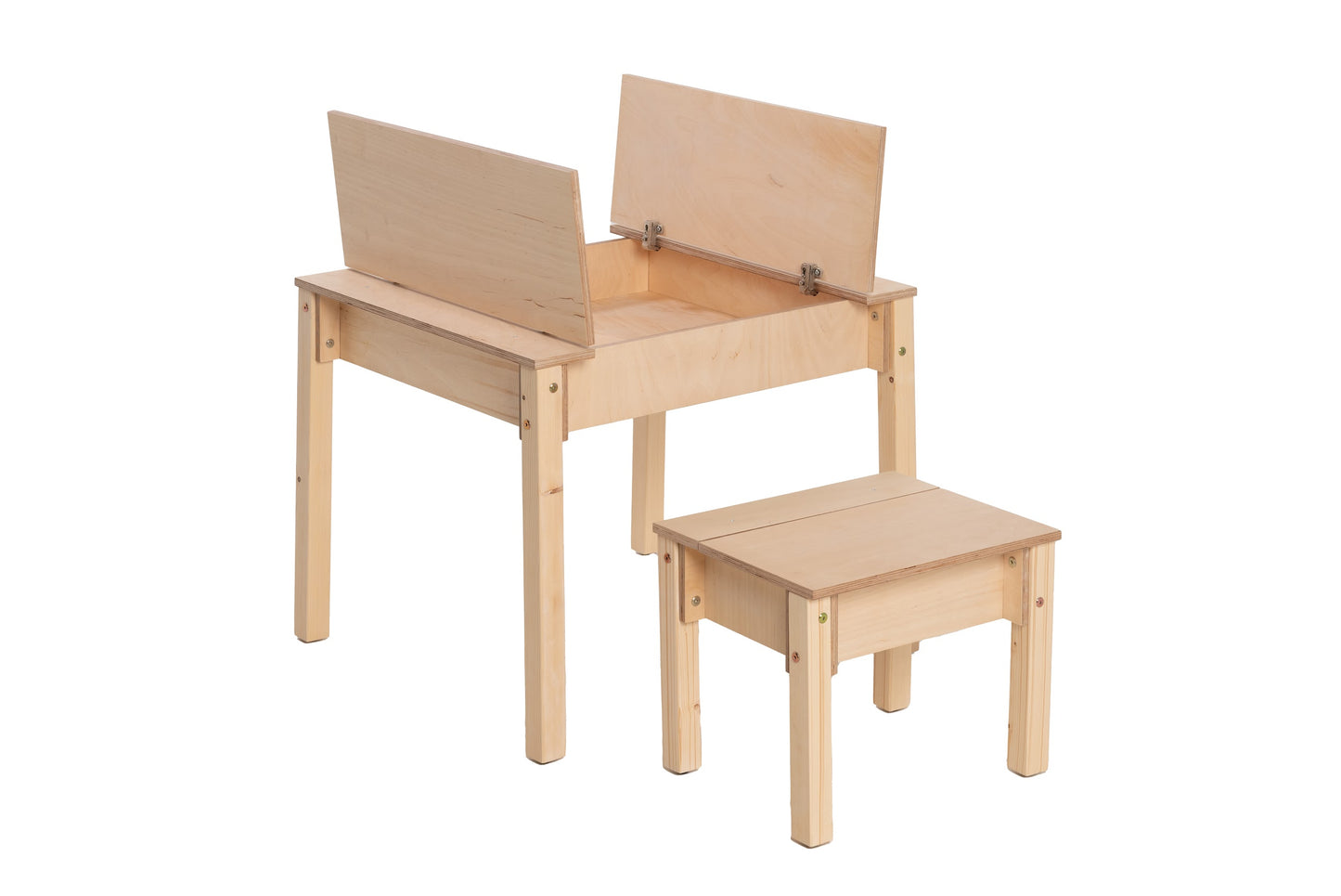 Montessori-børnebord med opbevaring og skammel – skrivebordssæt i træ til børn
