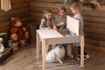 Montessori-børnebord med opbevaring og skammel – skrivebordssæt i træ til børn