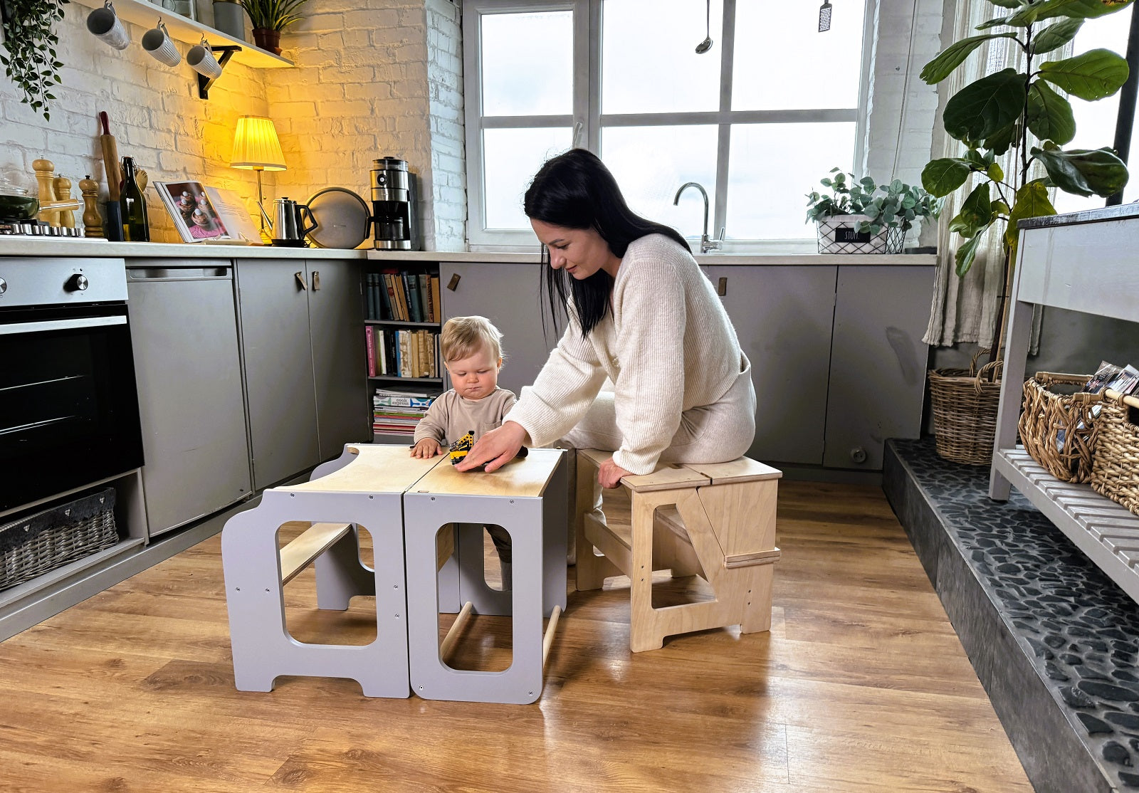 Montessori Klapp Tritthocker aus Holz 2in1 Kinderstuhl und Steighilfe stabil