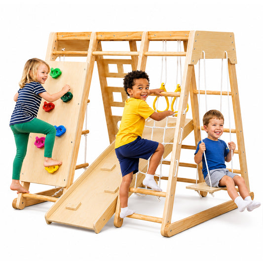 Montessori Indoor-Klettergerüst aus Holz mit Rutsche, Schaukel und Kletterwand