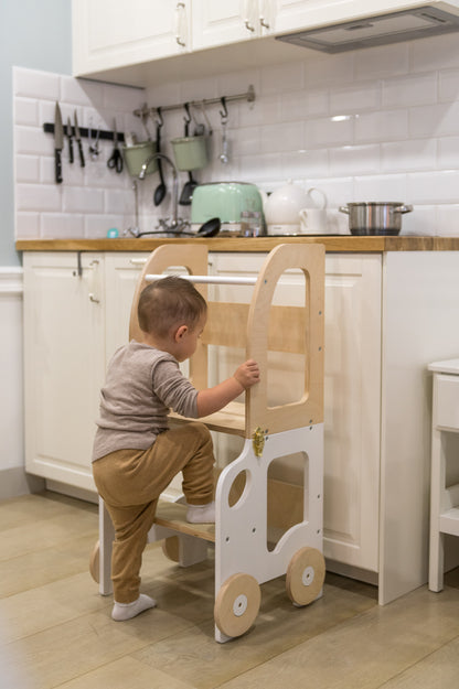 3-in-1 Montessori Learning Tower – Kitchen Helper, Table & Chair, Car Design
