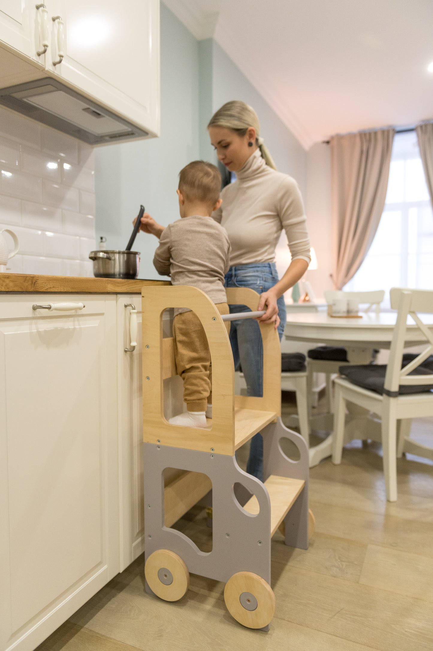3-in-1 Montessori Learning Tower – Kitchen Helper, Table & Chair, Car Design