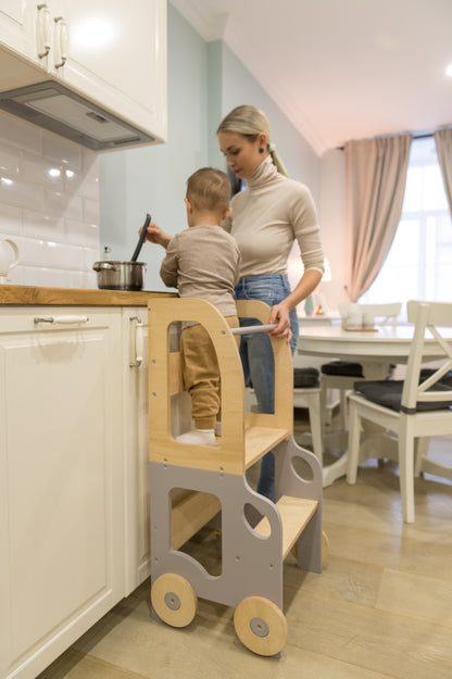 3-in-1 Montessori Learning Tower – Kitchen Helper, Table & Chair, Car Design