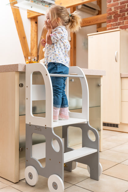 3-in-1 Montessori Learning Tower – Kitchen Helper, Table & Chair, Car Design