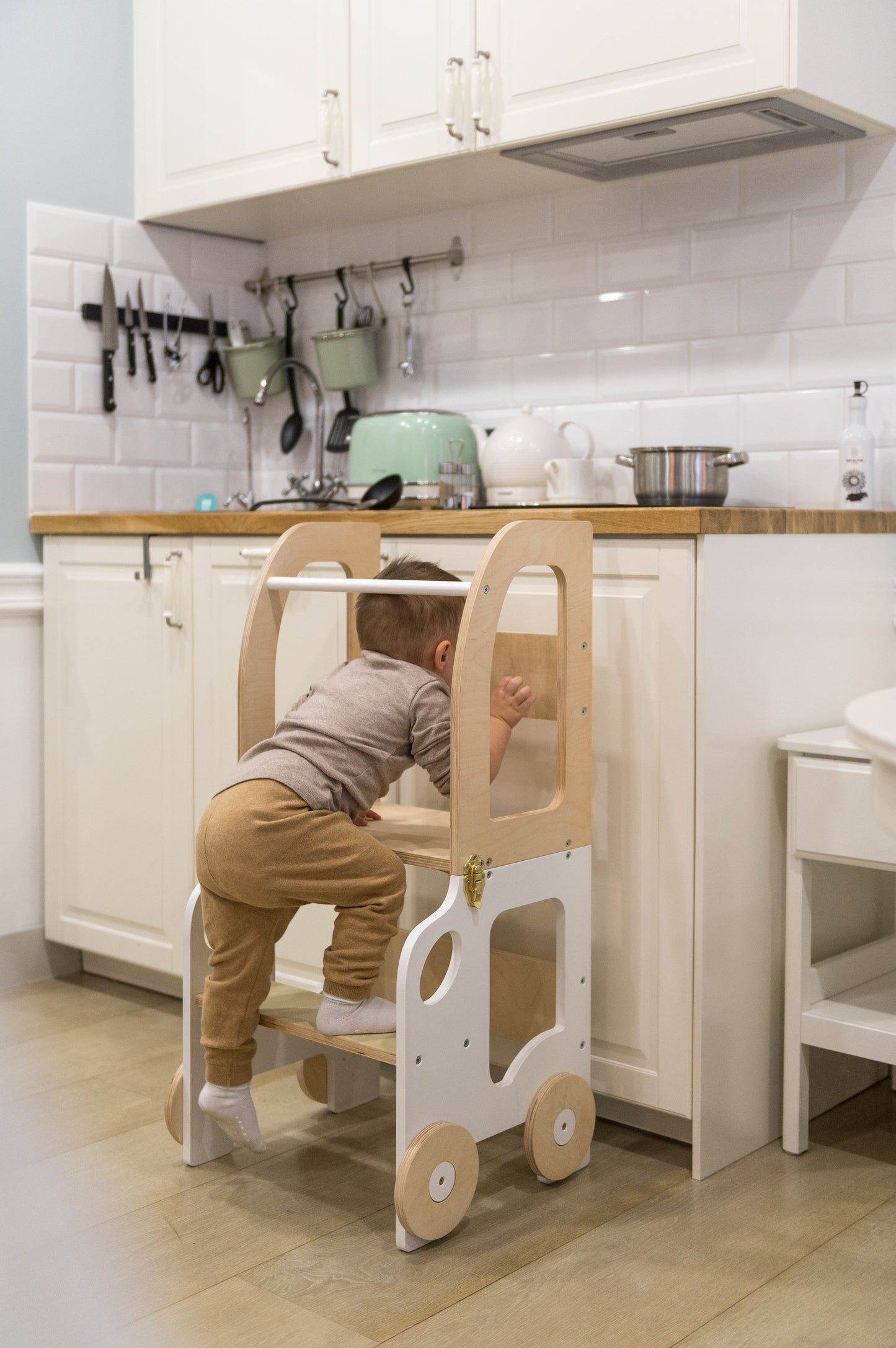 3-in-1 Montessori Learning Tower – Kitchen Helper, Table & Chair, Car Design