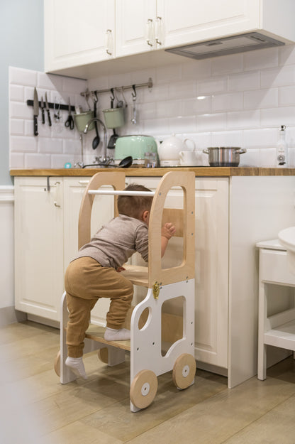 3-in-1 Montessori Learning Tower – Kitchen Helper, Table & Chair, Car Design