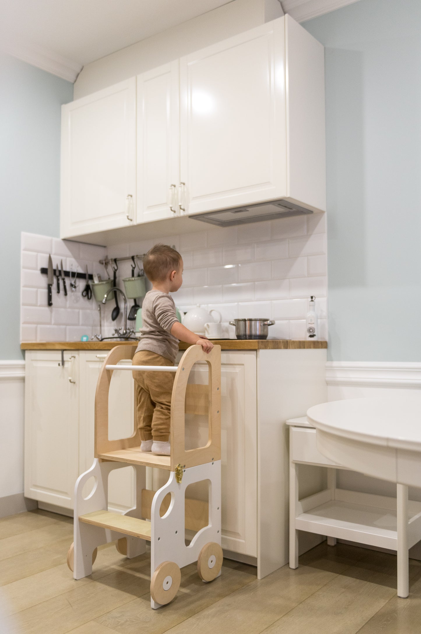 3-in-1 Montessori Learning Tower – Kitchen Helper, Table & Chair, Car Design
