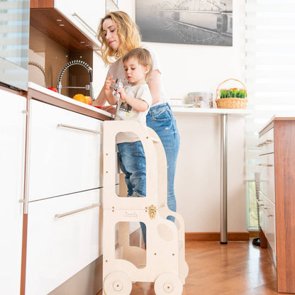 3-in-1 Montessori Learning Tower – Kitchen Helper, Table & Chair, Car Design