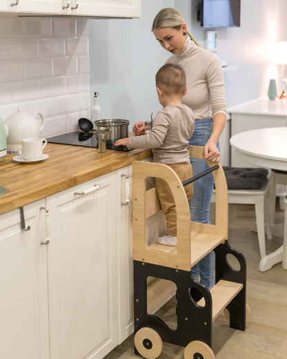 3-in-1 Montessori Learning Tower – Kitchen Helper, Table & Chair, Car Design