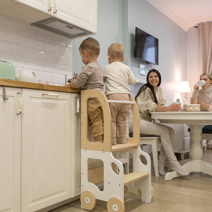 3-in-1 Montessori Learning Tower – Kitchen Helper, Table & Chair, Car Design