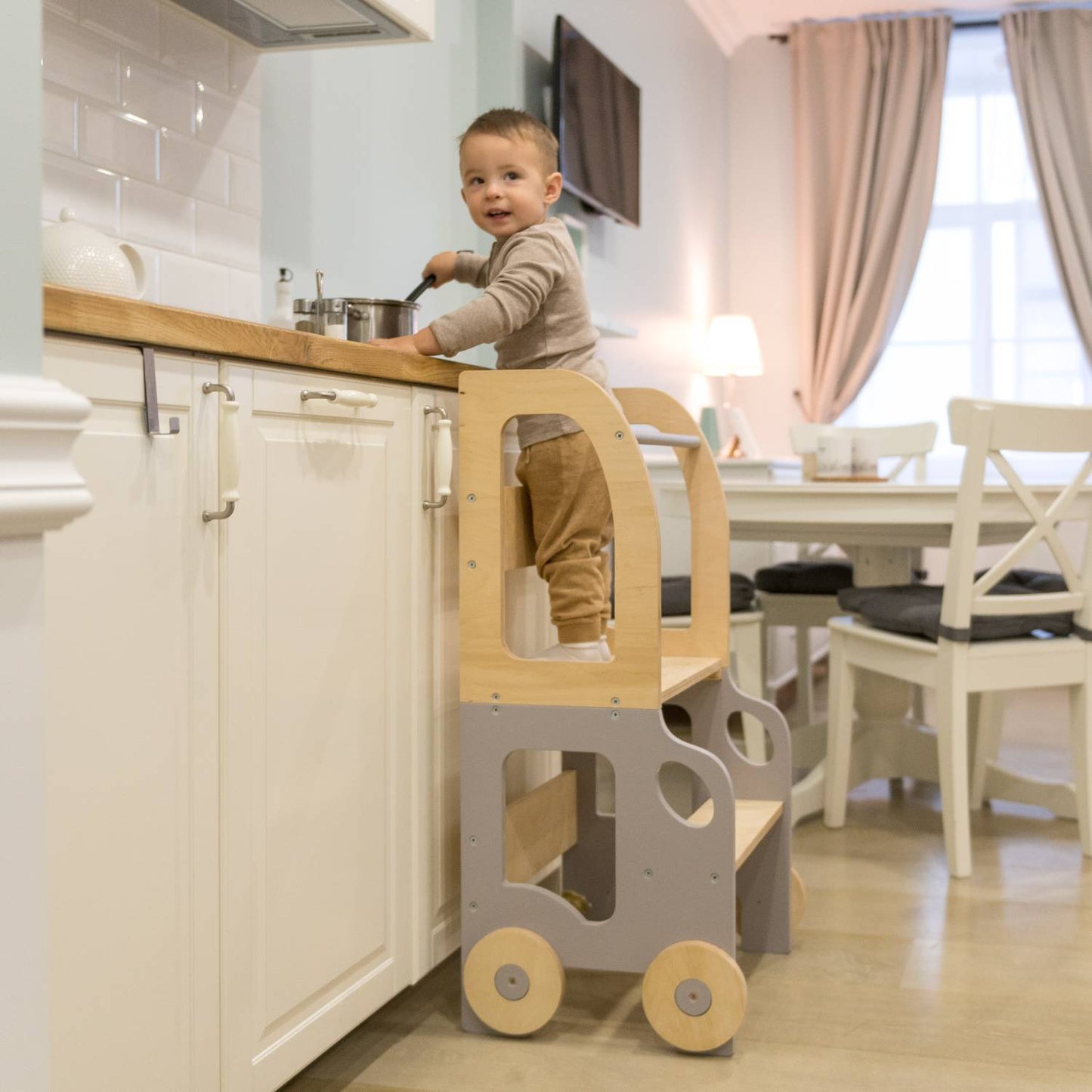 3-in-1 Montessori Learning Tower – Kitchen Helper, Table & Chair, Car Design