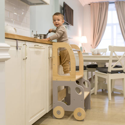 3-in-1 Montessori Learning Tower – Kitchen Helper, Table & Chair, Car Design