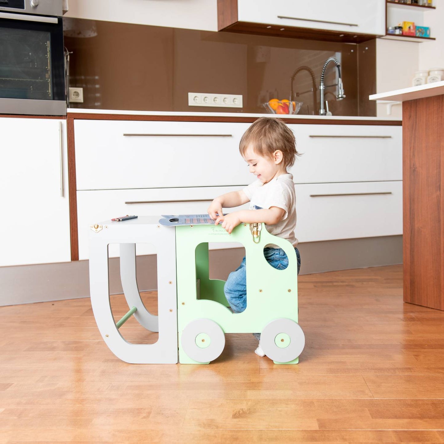 3-in-1 Montessori Learning Tower – Kitchen Helper, Table & Chair, Car Design