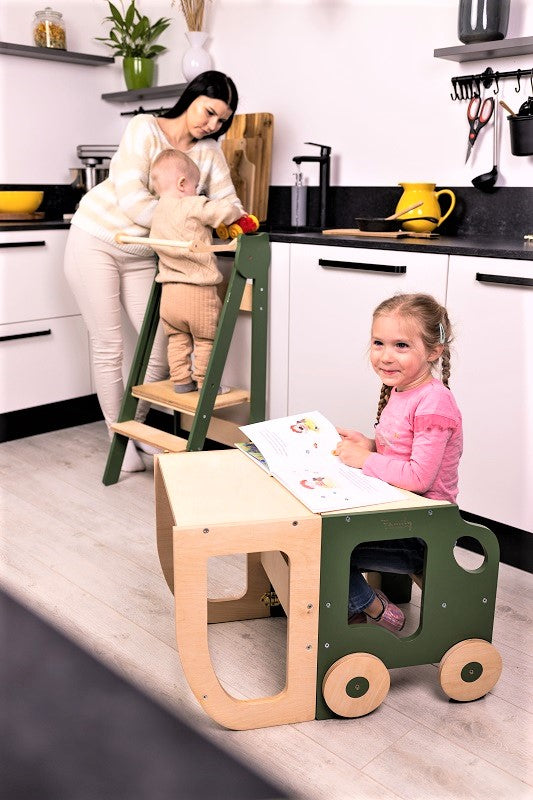 3-in-1 Montessori Learning Tower – Kitchen Helper, Table & Chair, Car Design