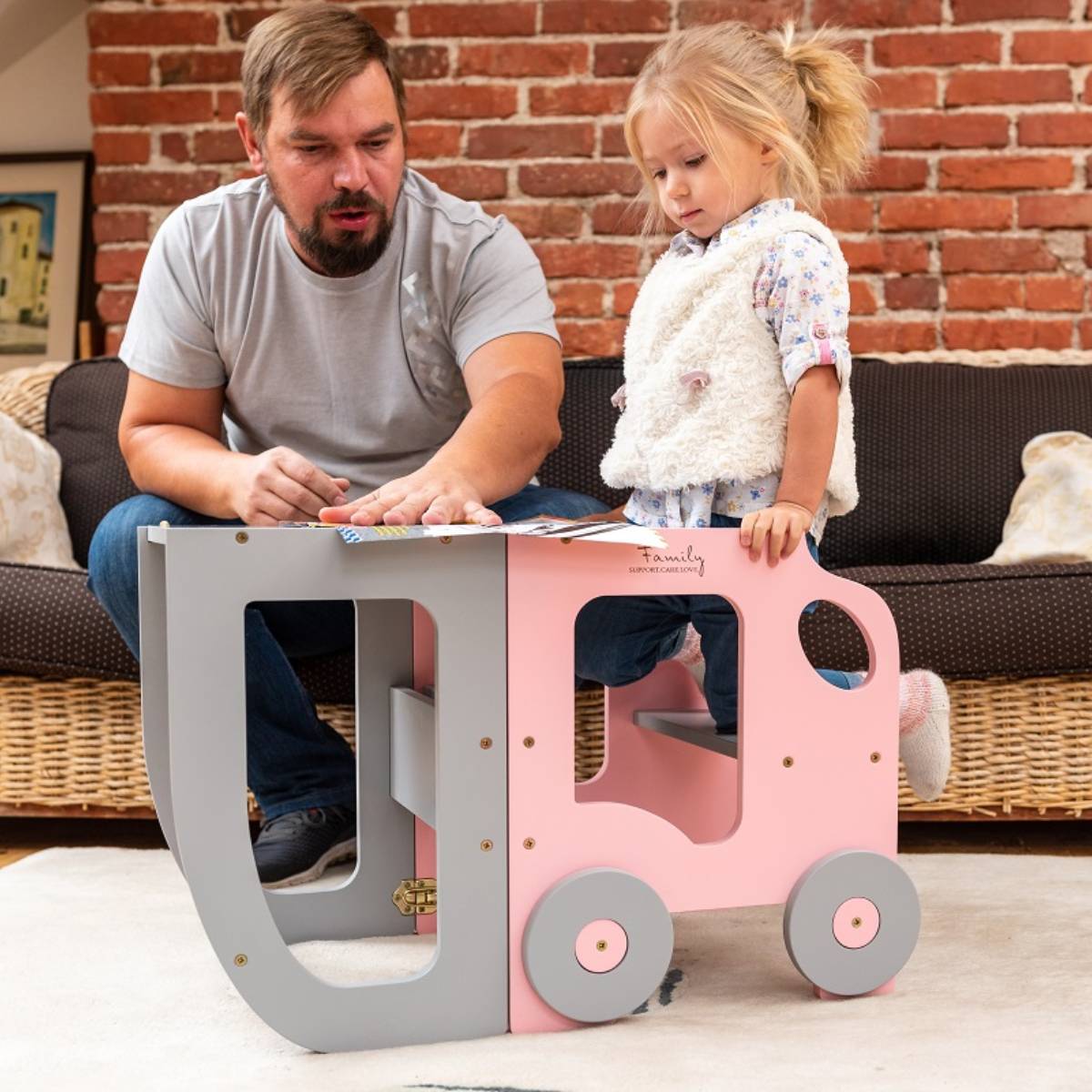 3-in-1 Montessori Learning Tower – Kitchen Helper, Table & Chair, Car Design