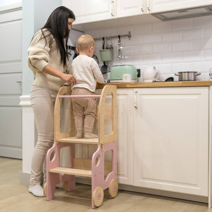 3-in-1 Montessori Learning Tower – Kitchen Helper, Table & Chair, Car Design