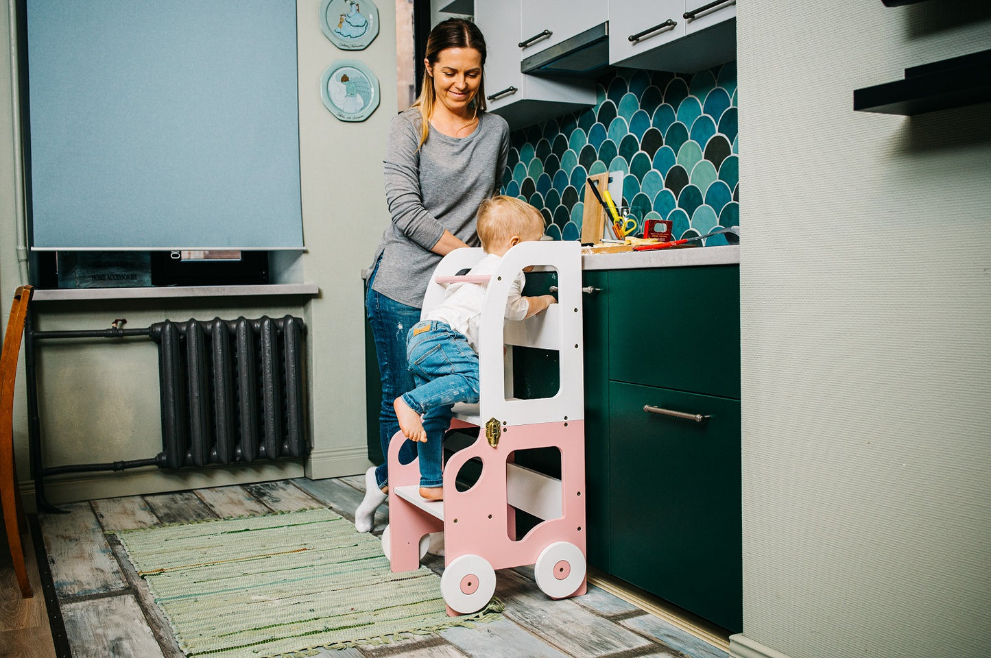 3-in-1 Montessori Learning Tower – Kitchen Helper, Table & Chair, Car Design