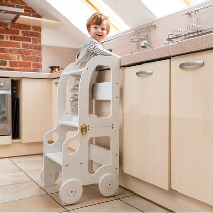 3-in-1 Montessori Learning Tower – Kitchen Helper, Table & Chair, Car Design