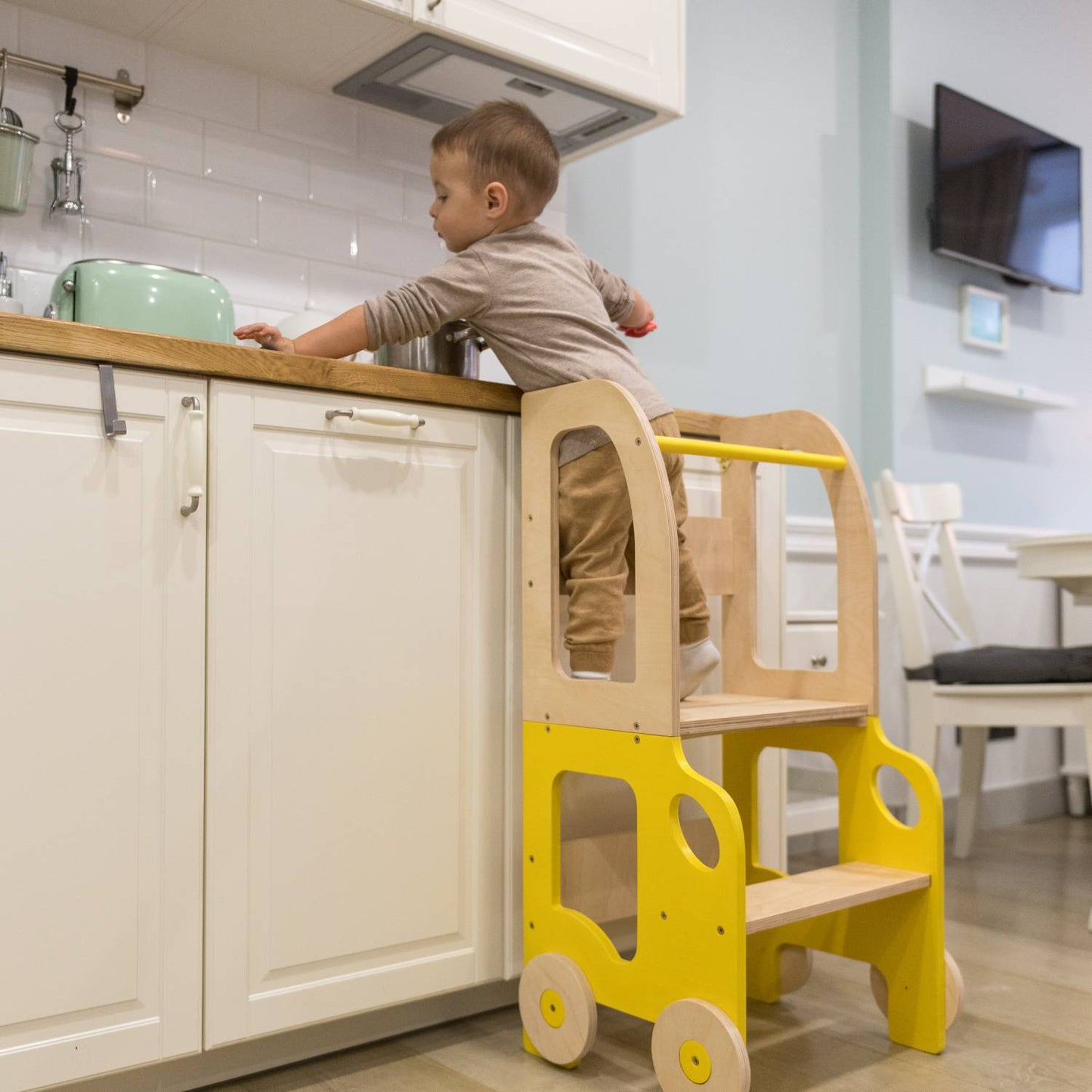 3-in-1 Montessori Learning Tower – Kitchen Helper, Table & Chair, Car Design