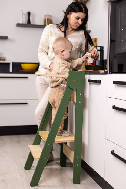 Montessori Lernturm klappbar aus Holz in Weiß Natur – Kinder Küchenhelfer höhenverstellbar