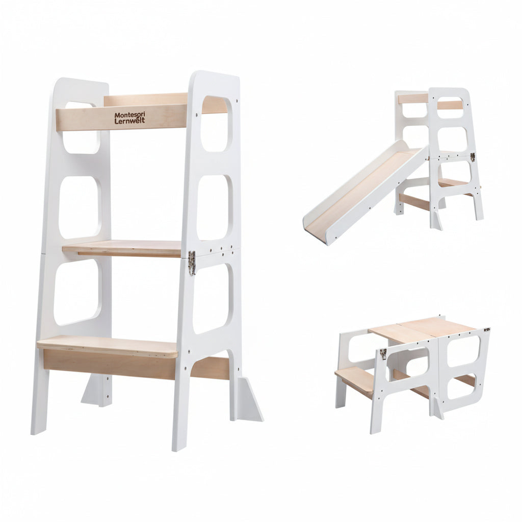 Produktdetails des Montessori Lernturms 3-in-1 in Schwarz und Naturholz